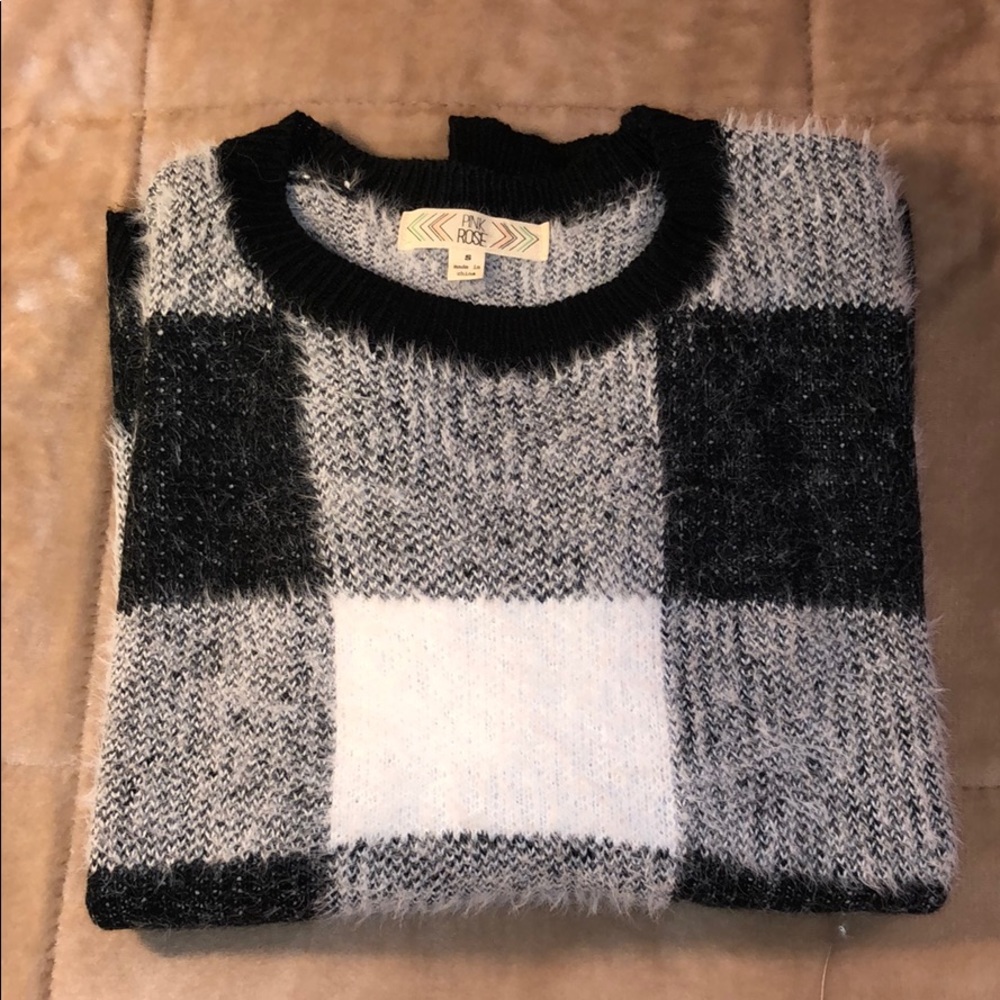 Fuzzy Black & White Check Sweater